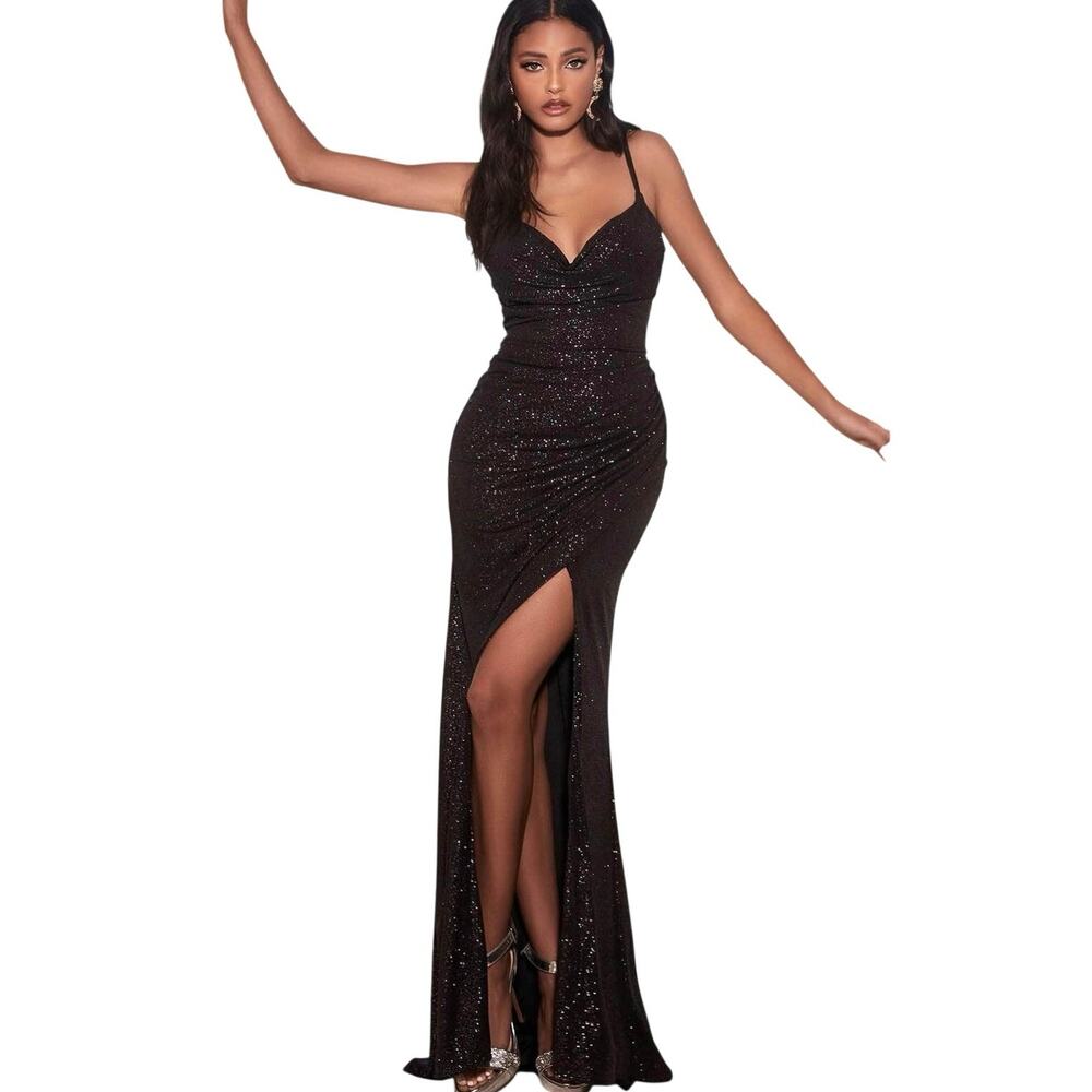 NWT Cinderella Divine Black Sequin Prom Gown XS Open Back Formal Evening Dress